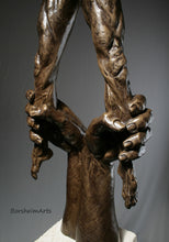 Load image into Gallery viewer, Detail of larger than life hands compared to the 24 inch male nude figure.  The large pair of hands are pulling down the man, trying to stop him.  It represents challenges and obstacles.
