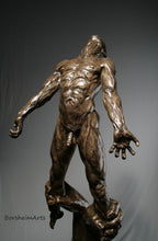 Load image into Gallery viewer, Detail of chest and front of male nude figure with arms outstretched and clenched hands Against the Dying of the Light - Rage Rage bronze sculpture

