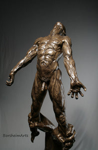 Detail of chest and front of male nude figure with arms outstretched and clenched hands Against the Dying of the Light - Rage Rage bronze sculpture