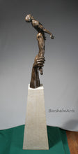Load image into Gallery viewer, Profile view of Against the Dying of the Light - Rage Rage bronze sculpture with lovely arch in the back of the male nude figure
