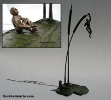 Load image into Gallery viewer, The Unwritten Future, two views of bronze sculpture, one man sits on a giant lily pad and looks up at his friend, another man hanging with one arm  from a bending cattail. Will he fall?  The shadow gives a glimpse of an optimistic outcome. small bronze figure sculpture
