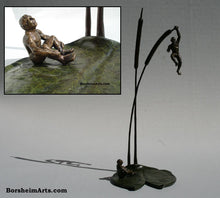 Load image into Gallery viewer, The Unwritten Future, two views of bronze sculpture, one man sits on a giant lily pad and looks up at his friend, another man hanging with one arm  from a bending cattail. Will he fall?  The shadow gives a glimpse of an optimistic outcome. small bronze figure sculpture