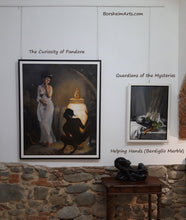 Load image into Gallery viewer, Framed and on exhibit in Pescia, Tuscany, Italy.  Here you may see a relative size comparison with another painting, as well as a marble figure sculpture
