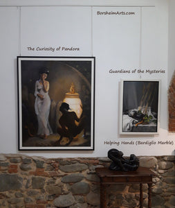 Framed and on exhibit in Pescia, Tuscany, Italy.  Here you may see a relative size comparison with another painting, as well as a marble figure sculpture