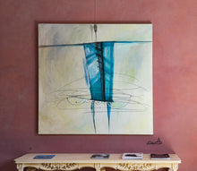 將圖片載入圖庫檢視器 Enhancing your room or even office environment, Artemis, a painting of a fashion model type illustration of an abstracted woman with a blue dress.  Painting 150 x 150 cm by Serbian artist Dragana Adamov.