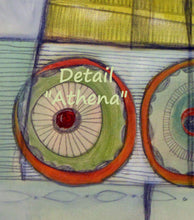 Load image into Gallery viewer, Detail of the dress of the goddess Athena.. circles of orange and green with bike spokes and a yellow skirt above.  DETAIL 1 of abstract figurative painting of the goddess Athena by Dragana Adamov
