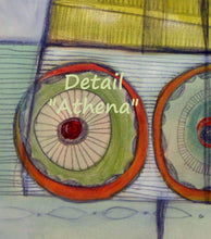 Carica l'immagine nel visualizzatore di Gallery, Detail of the dress of the goddess Athena.. circles of orange and green with bike spokes and a yellow skirt above.  DETAIL 1 of abstract figurative painting of the goddess Athena by Dragana Adamov