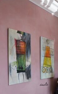 Paired with the abstract painting of Demeter, the long tall artwork of Athena (far right) looks great on this rose-colored wall.  Abstract paintings by Dragana Adamov