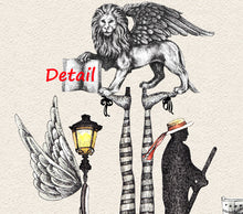 Carica l'immagine nel visualizzatore di Gallery, The Venetian lion stands atop some skinny legs reaching skywards.  The legs don some striped stockings.The elegant and fanciful drawing features the unique qualities of Venezia, Italia, (Venice, Italy) in the design of a woman's red shoe.  A gondolier captains the shoe gondola as he overlooks the Grand Canal.  Other symbols include the Venetian lion, a romantic street lamp with wings, and other references to the beauty of the Serenissima city.
