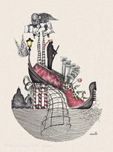 Carica l'immagine nel visualizzatore di Gallery, The elegant and fanciful drawing features the unique qualities of Venezia, Italia, (Venice, Italy) in the design of a woman's red shoe.  A gondolier captains the shoe gondola as he overlooks the Grand Canal.  Other symbols include the Venetian lion, a romantic street lamp with wings, the canal poles or "pali di Casada",  and other references to the beauty of the Serenissima city.