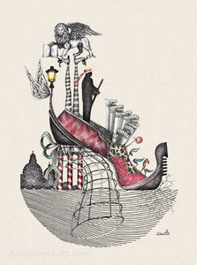The elegant and fanciful drawing features the unique qualities of Venezia, Italia, (Venice, Italy) in the design of a woman's red shoe.  A gondolier captains the shoe gondola as he overlooks the Grand Canal.  Other symbols include the Venetian lion, a romantic street lamp with wings, the canal poles or "pali di Casada",  and other references to the beauty of the Serenissima city.