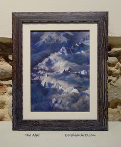 The Alps Aerial View painted in purples, blues, and a muted orange, shown here framed