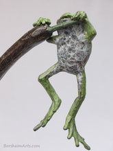 Load image into Gallery viewer, belly patina of tabletop aquatic bronze sculpture, Cattails and Frog Legs Lily Pad Green Art
