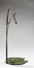 Charger l'image dans la galerie, tabletop aquatic bronze sculpture, Cattails and Frog Legs Lily Pad Green Art