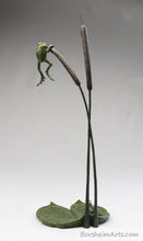 Load image into Gallery viewer, tabletop aquatic bronze sculpture, Cattails and Frog Legs Lily Pad Green Art
