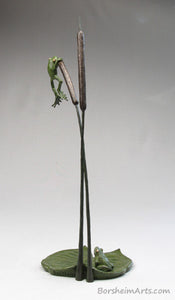 tabletop aquatic bronze sculpture, Cattails and Frog Legs Lily Pad Green Art