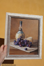 Load image into Gallery viewer, Against Tuscan Yellow Wall Chianti Wine, Cheese, and Grapes Still Life Oil Painting
