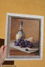 Carica l'immagine nel visualizzatore di Gallery, Against Tuscan Yellow Wall Chianti Wine, Cheese, and Grapes Still Life Oil Painting
