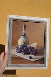 Against Tuscan Yellow Wall Chianti Wine, Cheese, and Grapes Still Life Oil Painting
