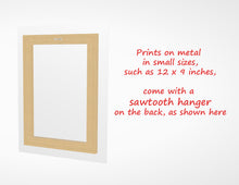 Carica l'immagine nel visualizzatore di Gallery, Small prints on metal are mounted on wooden stretcher bars, which have a sawtooth hanger centered at the top.  ready to hang instantly