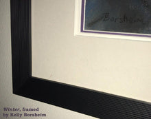Laden Sie das Bild in den Galerie-Viewer, Black ridged frame detail also showing purple inner mat behind the glass Winter Blue Woman Wing Pastel Painting