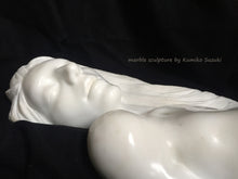 Load image into Gallery viewer, white marble portrait sculpture of a woman with long flowing hair by Japanese artist Kumiko Suzuki
