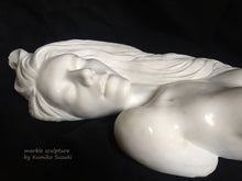 Load image into Gallery viewer, white marble portrait sculpture of a woman with long flowing hair by Japanese artist Kumiko Suzuki
