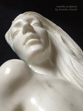 Load image into Gallery viewer, Detail white marble portrait sculpture of a woman with long flowing hair by Japanese artist Kumiko Suzuki
