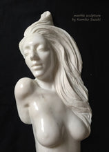 將圖片載入圖庫檢視器 white marble portrait including nude upper torso sculpture of a woman with long flowing hair by Japanese artist Kumiko Suzuki