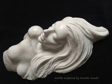 Load image into Gallery viewer, white marble portrait including nude upper torso sculpture of a woman with long flowing hair by Japanese artist Kumiko Suzuki
