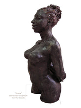 將圖片載入圖庫檢視器 terra-cotta sculpture of a black woman with her hair pulled back into a large bun.  She stands tall and proud, her posture is slightly arched back with her arms folded together behind her, a beautiful physique
