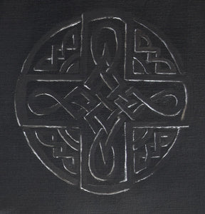 Closeup of painting with Celtic Symbol Circle Knotwork with Silver highlights