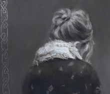 Laden Sie das Bild in den Galerie-Viewer, Closeup of woman's hair swept up into a loose bun, tendrils handing down.  she wears a winter coat rimmed with fur neckline monochromantic neutral painting detail