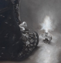 Laden Sie das Bild in den Galerie-Viewer, Candle Light Detail of Thumping Hand Luminosity Man Woman Candles Celtic Symbols Monochromatic Diptych Painting Detail of the candle, as well as the woman's fingers bouncing in movement, flowers on her dress