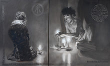 Load image into Gallery viewer, Luminosity Diptych of Woman and Man with Candlelight and Celtic Symbols Awen Firelight Shadows Prayer
