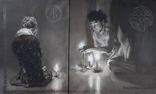 Laden Sie das Bild in den Galerie-Viewer, Luminosity Diptych of Woman and Man with Candlelight and Celtic Symbols Awen Firelight Shadows Prayer