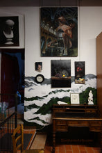 Load image into Gallery viewer, Mural in private home to create a dark background against two white marble sculptures.  Painted clouds floating among green wooded hills in Tuscany, Italy.  by Artist Kelly Borsheim
