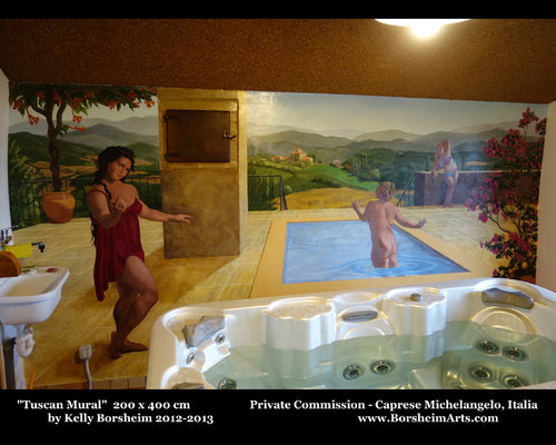 Mural of three women around a pool on a terrace with flowers and view of Tuscan landscape, Italy