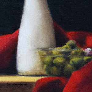 Detail of Green Olives in Transparent Glass Bowl, Olives and Oil ~ Still Life with Red Fabric