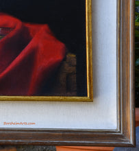 Load image into Gallery viewer, Detail of double framing Olives and Oil ~ Still Life with Red Fabric Painting
