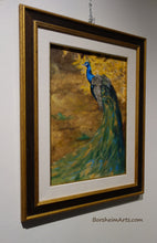Load image into Gallery viewer, framed painting of gorgeous male peacock walking in front of some bright yellow autumn leaves
