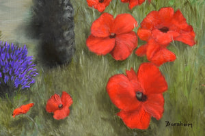 Detail of painting Lavender Cypress Trees and Poppies Famous Plants in Italy Persephone