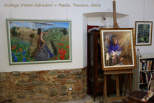 Load image into Gallery viewer, Persephone framed size comparison wiht other paintings Ruth and Olivo in Campo Bottega d&#39;Arte Salvadori Pescia in Tuscany Italy

