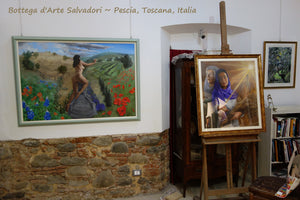 Persephone framed size comparison wiht other paintings Ruth and Olivo in Campo Bottega d'Arte Salvadori Pescia in Tuscany Italy