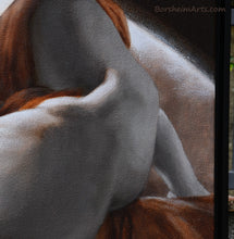 Load image into Gallery viewer, the light on the hip of the reclining male nude body painting of a sculpture also shows shadow frame right side
