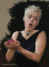 Laden Sie das Bild in den Galerie-Viewer, Reluctant Temptress Pastel Portrait of Opera Singer as Eve Fine Art, singing woman holds an apple, 12 x 9 inch pastel drawing of woman with spiky blonde hair in little black dress, art by artist Kelly Borsheim