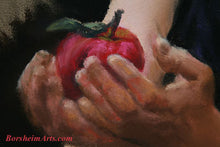 Load image into Gallery viewer, Detail of apple in woman&#39;s hands Reluctant Temptress Pastel Portrait of Opera Singer as Eve
