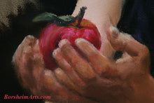 Laden Sie das Bild in den Galerie-Viewer, Detail of apple in woman's hands Reluctant Temptress Pastel Portrait of Opera Singer as Eve