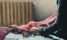 Load image into Gallery viewer, Detail of Old Woman's hand and shawl Songbird Old Woman Listening Pastel Figure Painting Sitting up in Bed Home