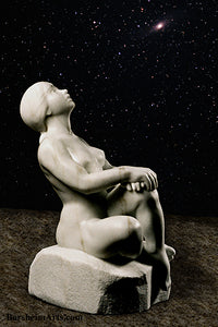 Stargazer Garden Marble Sculpture of seated Woman resting hands on a knee while leaning back to look up to the skies and stars.